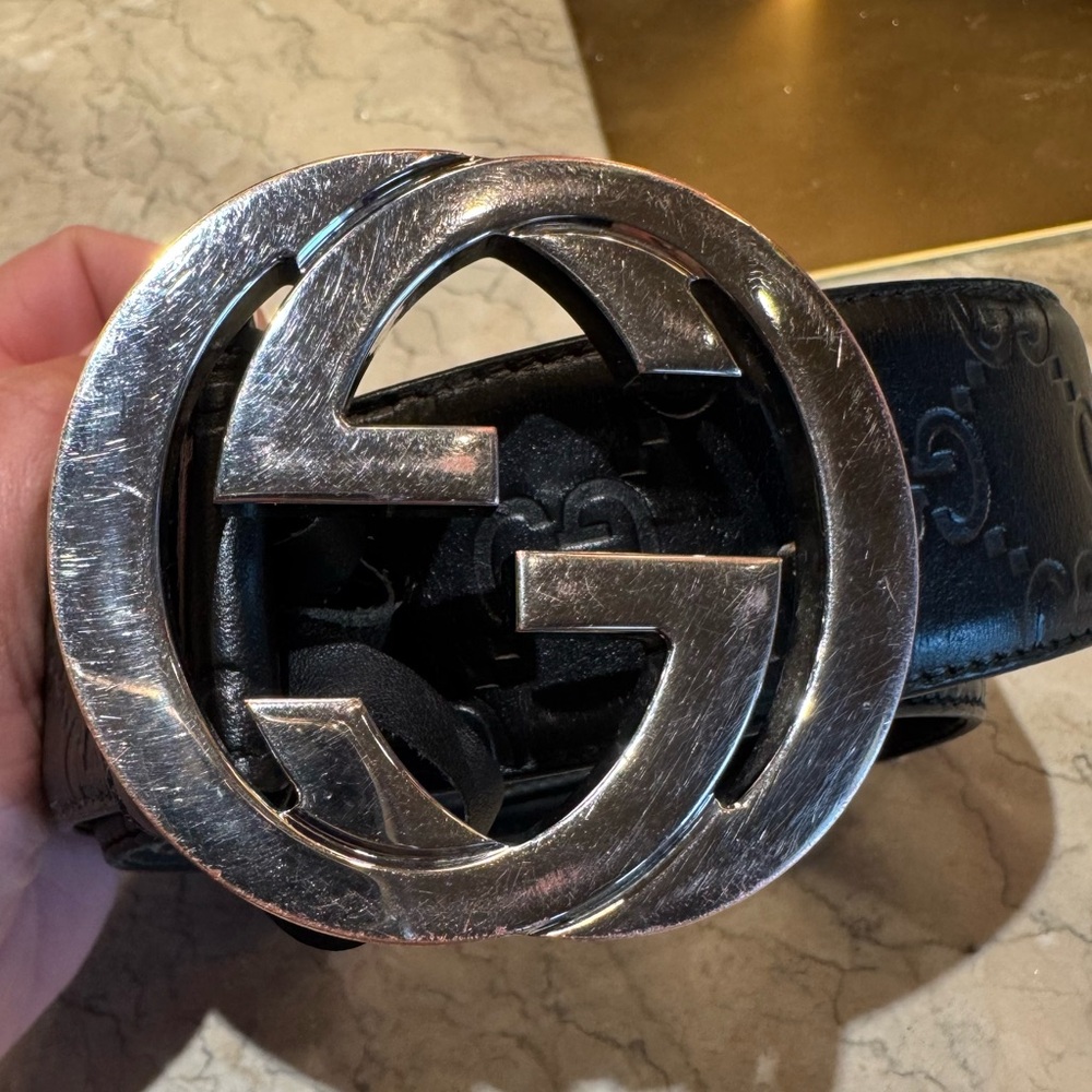 Gucci Silver GG Black Leather Guccissima Belt 95/38 - Picture 10 of 14